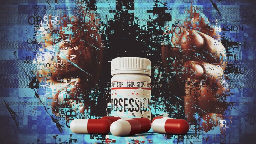 Hands holding drugs against a digital pixel background with the message “Stop Obsession.”