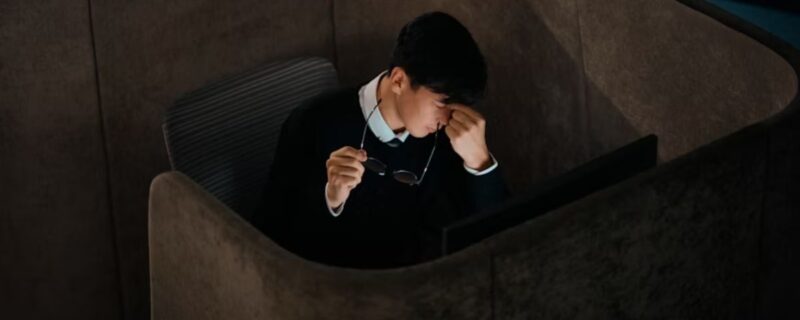 A young professional works late at night on a computer, squinting and touching his eyelids under the glow of a night light, reflecting the struggle of professionals hiding addiction.